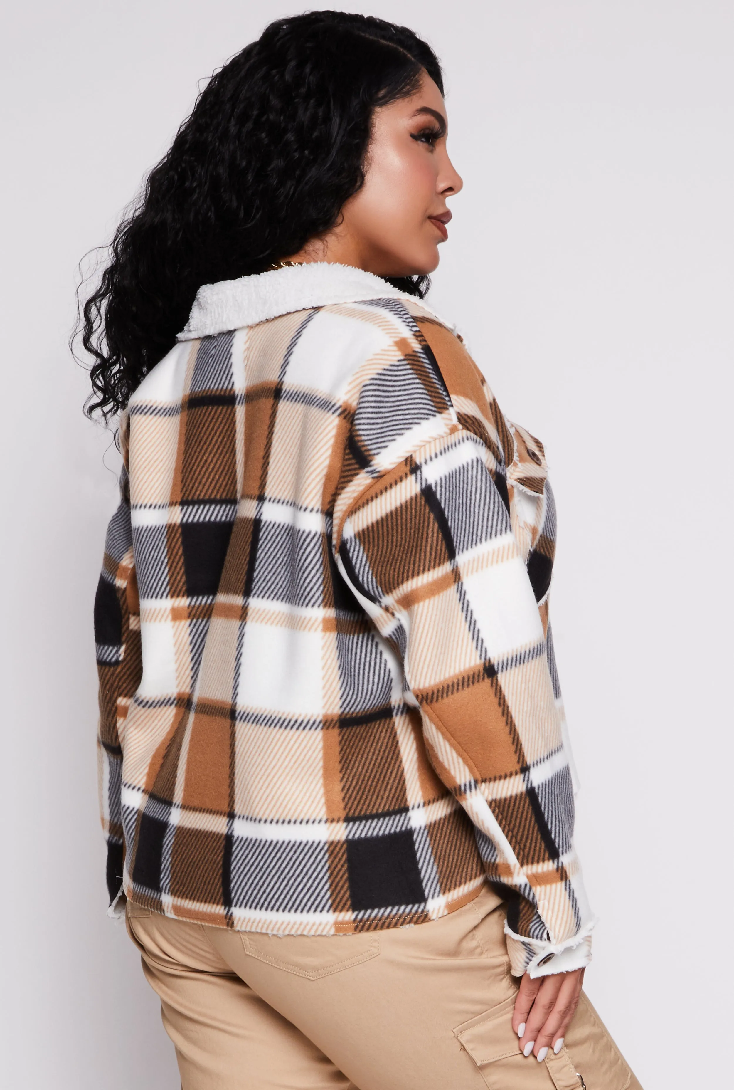 Plus Size Plaid Sherpa Lined Raw Hem Shacket sold by Rainbow product image thumbnail 3