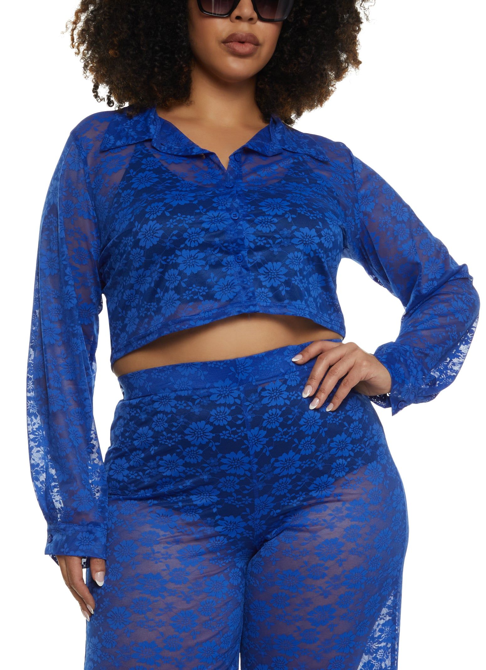 Plus Size Floral Lace Cropped Shirt sold by Rainbow