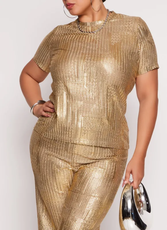 Plus Size Printed Foil Screen Short Sleeve Top sold by Rainbow