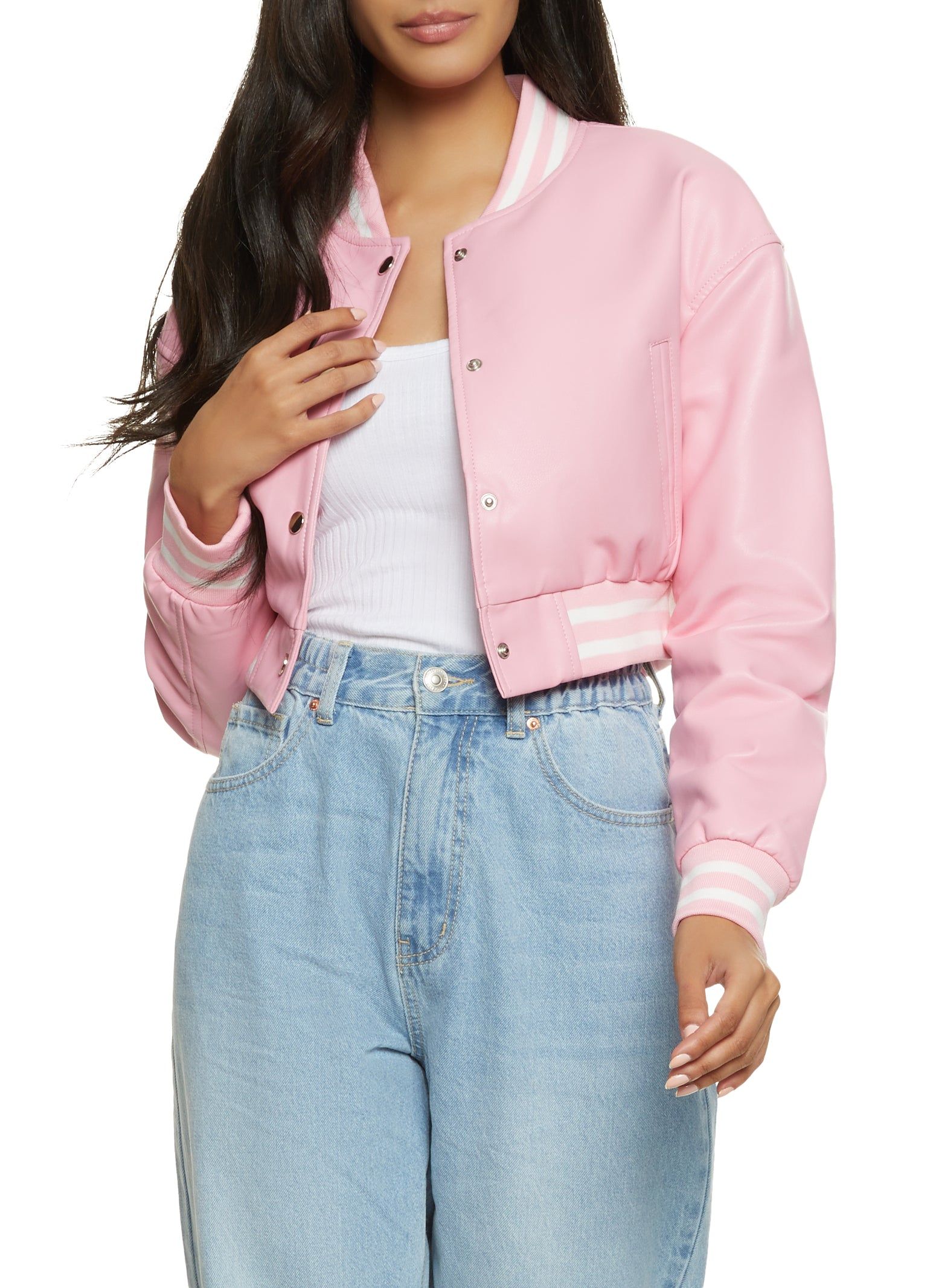 Faux Leather Cropped Baseball Jacket sold by Rainbow