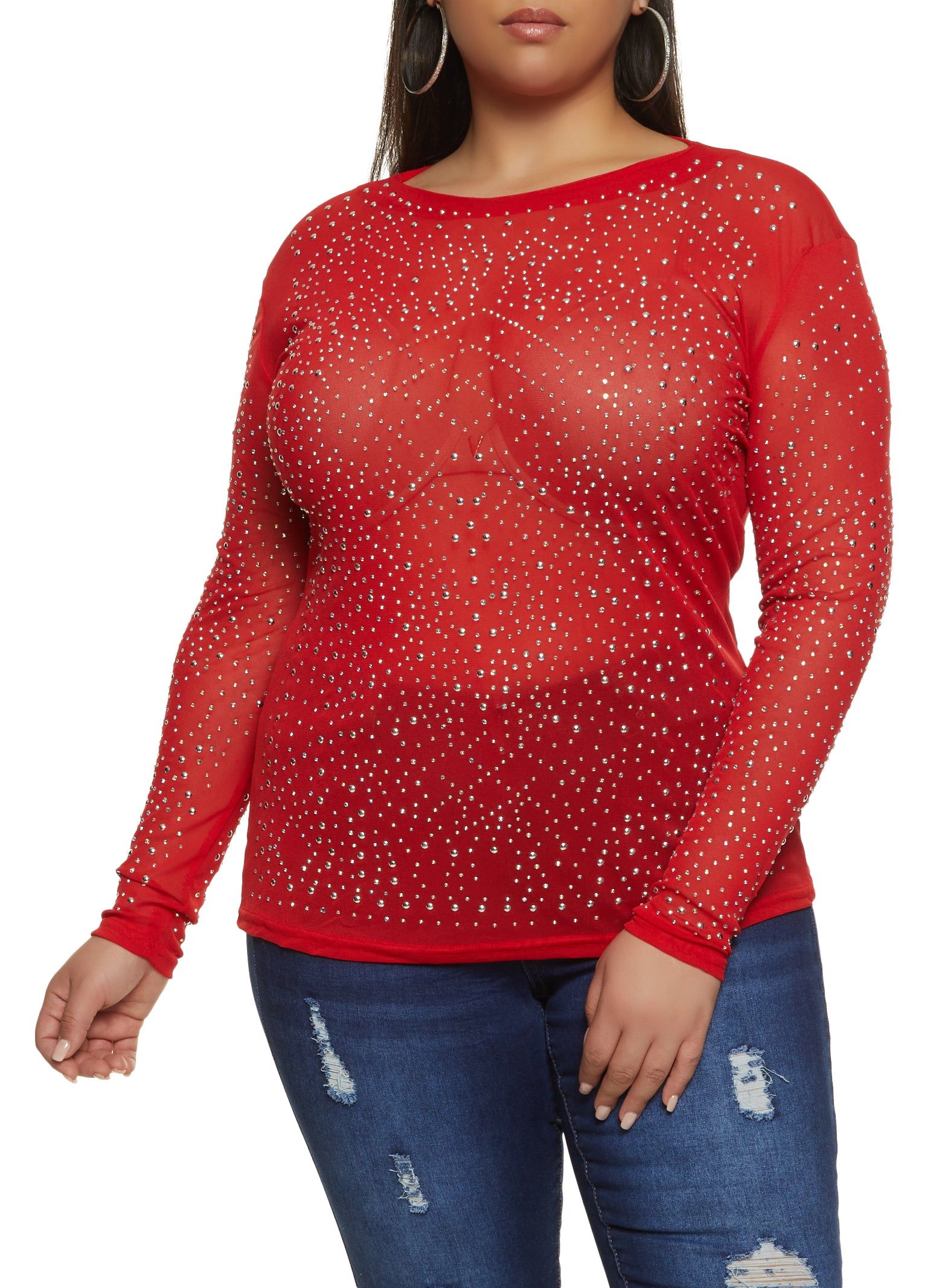 Plus Size Rhinestone Studded Long Sleeve Mesh Blouse sold by Rainbow