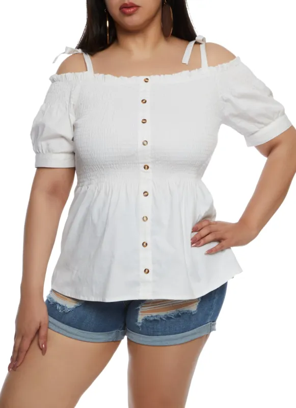 Plus Size Smocked Tie Strap Cold Shoulder Top sold by Rainbow