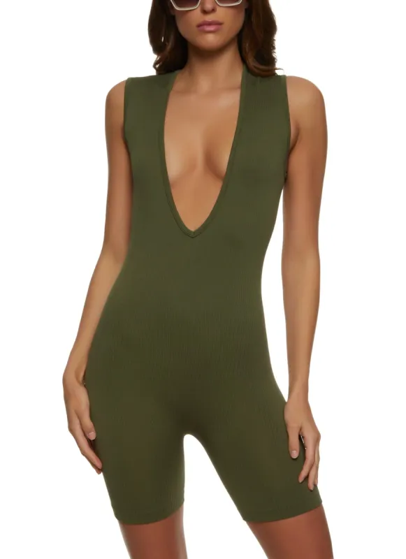 Ribbed Plunge V Neck Romper sold by Rainbow