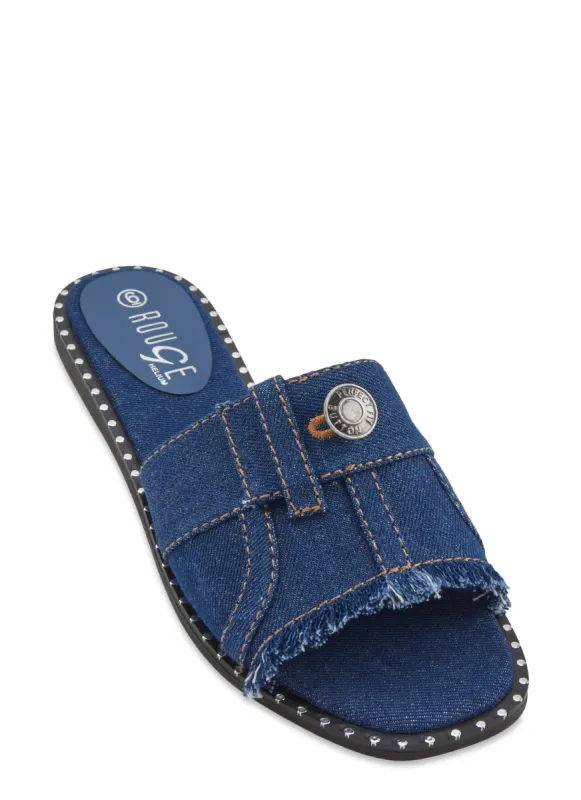 Studded Trim Denim Slide Sandals sold by Rainbow