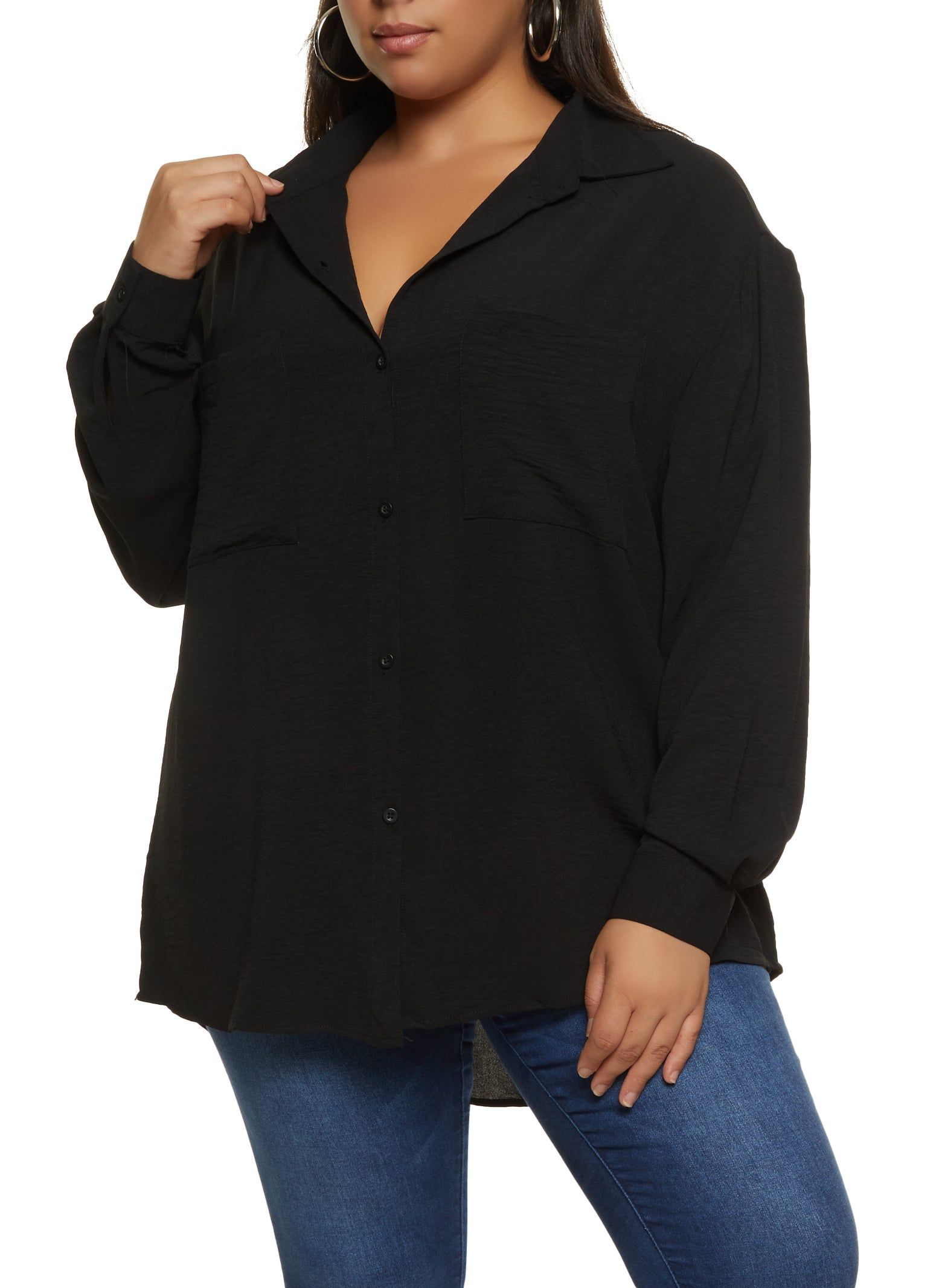 Plus Size Airy Pocket Button Front Shirt sold by Rainbow