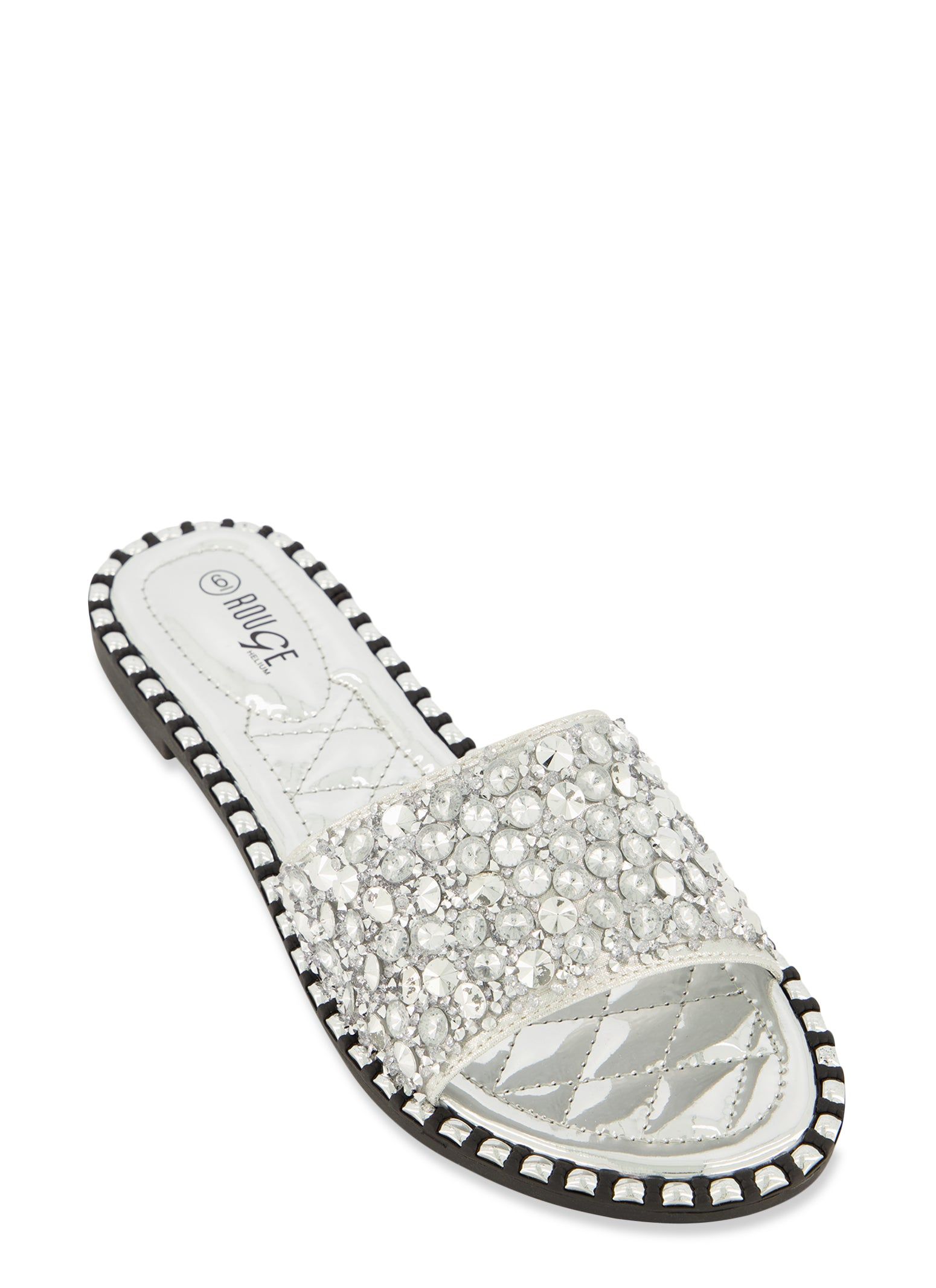 Metallic Studded Trim Rhinestone Band Slide Sandals sold by Rainbow