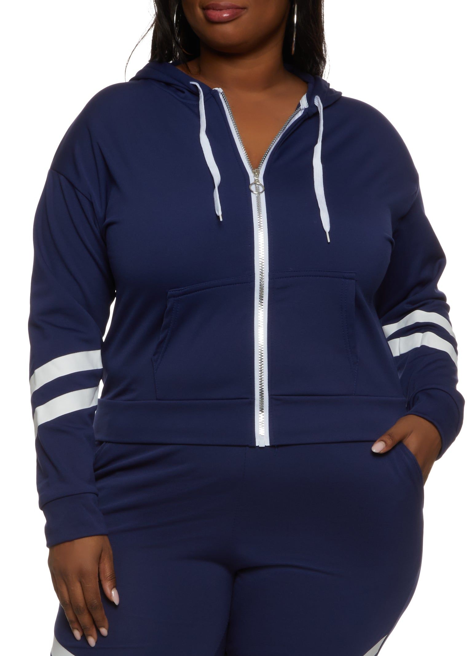 Plus Size Zip Front Varsity Stripe Detail Hoodie sold by Rainbow