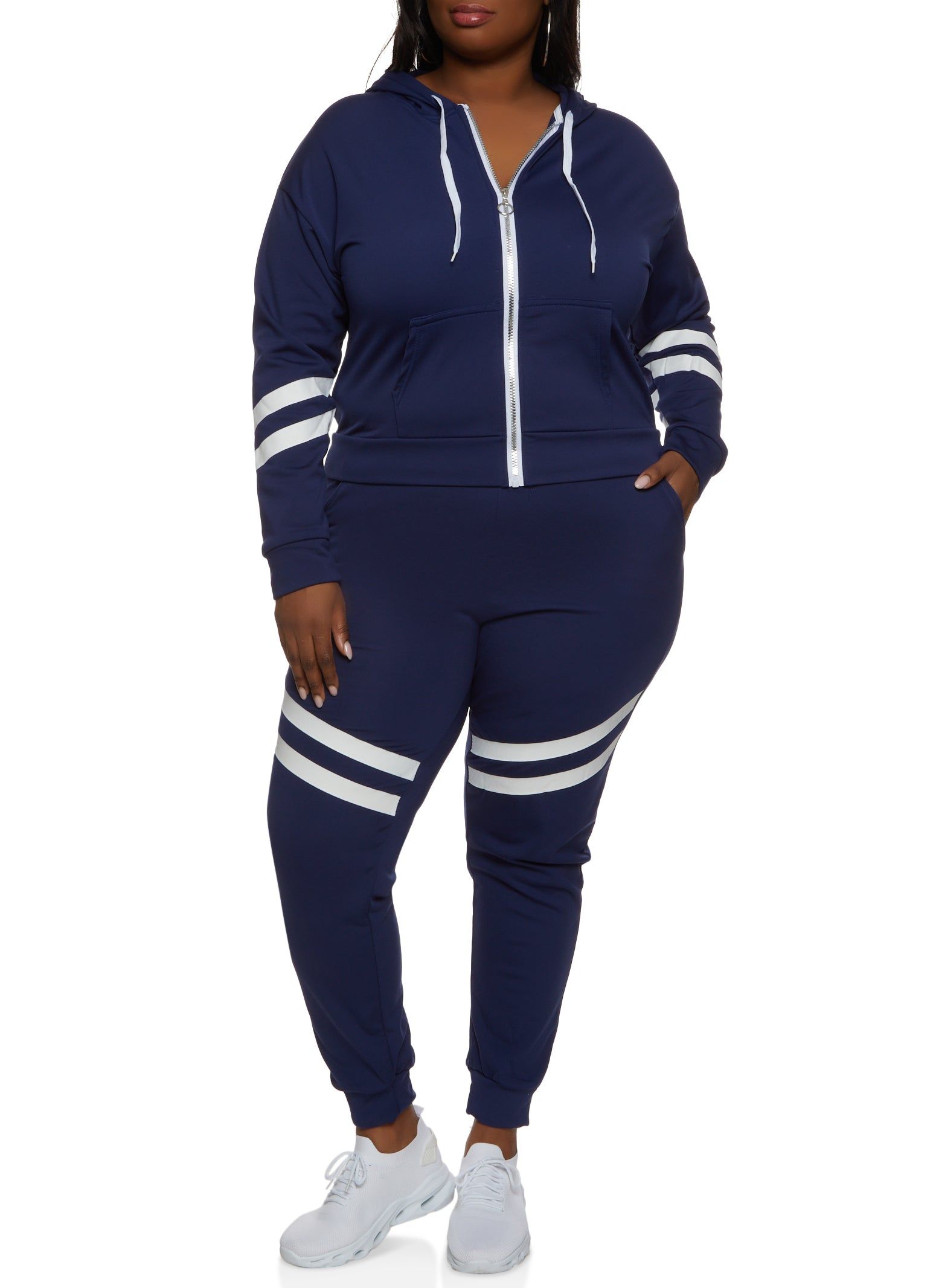 Plus Size Zip Front Varsity Stripe Detail Hoodie sold by Rainbow product image thumbnail 2