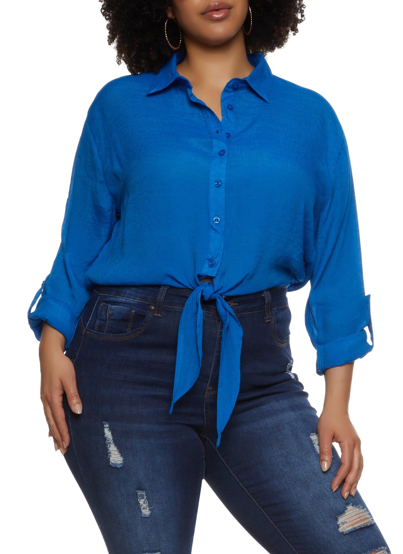 Plus Size Gauze Knit Tie Front Cropped Shirt sold by Rainbow