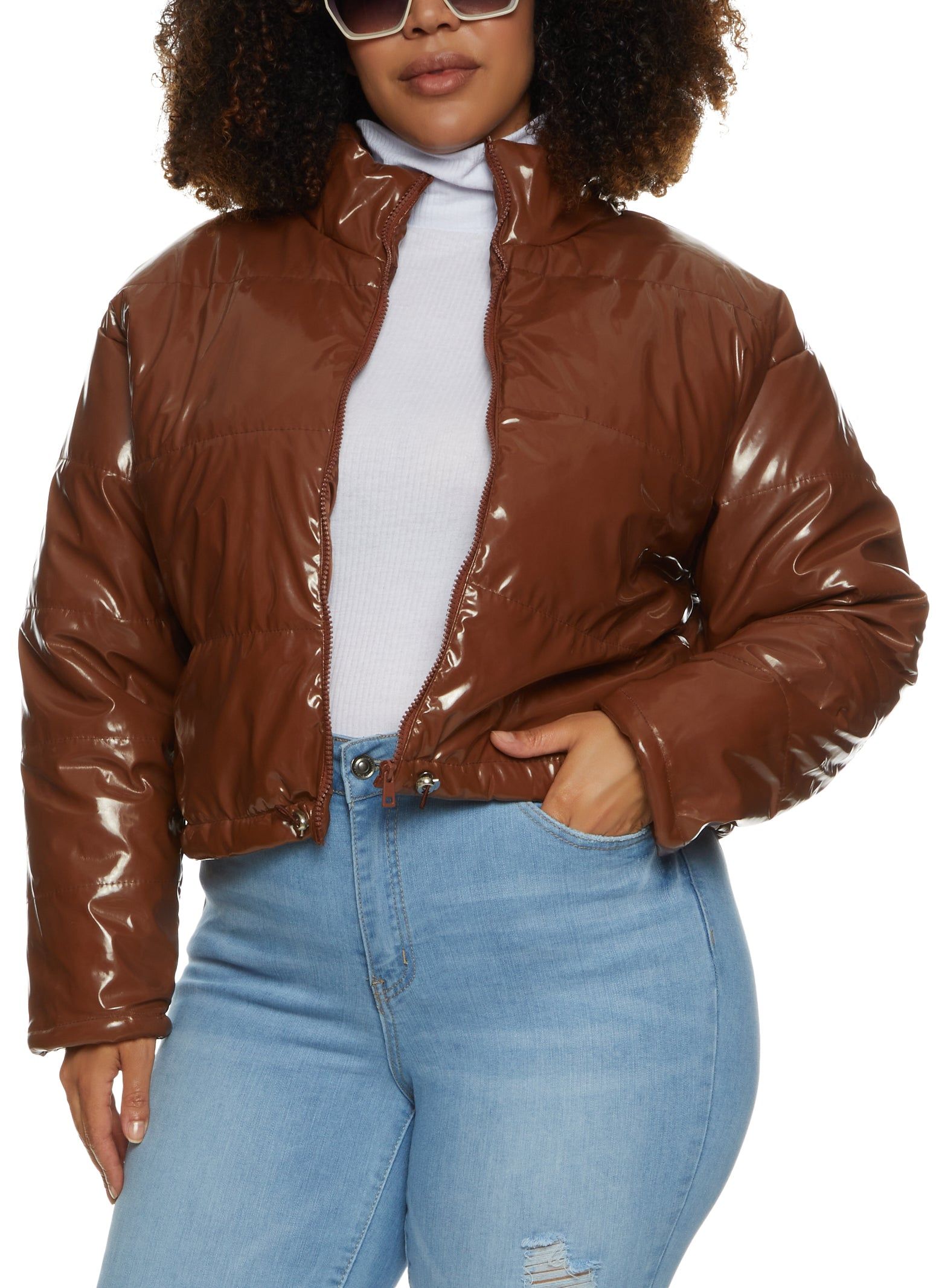 Plus Size Faux Patent Leather Puffer Jacket sold by Rainbow