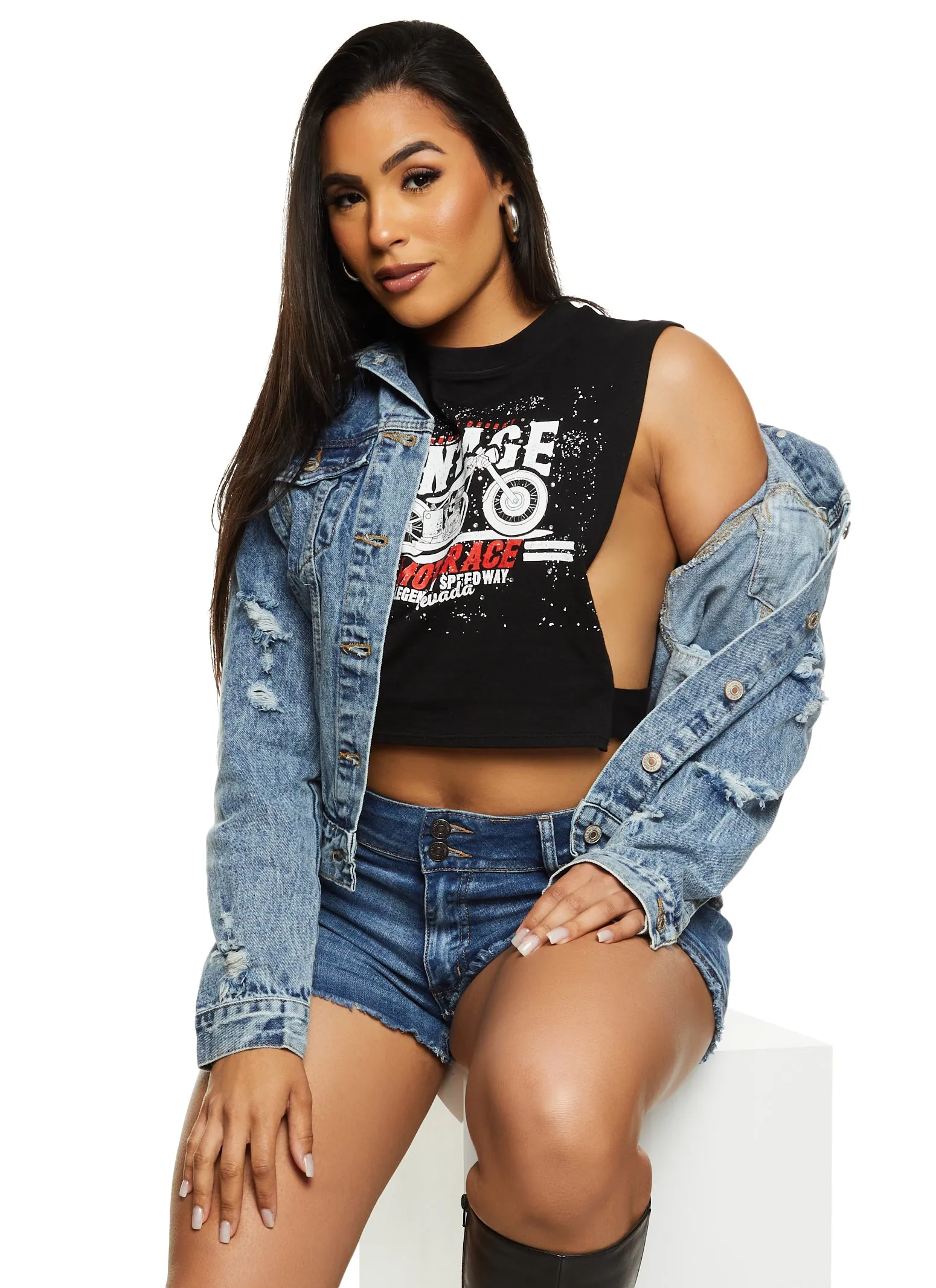 Highway Distressed Medium Wash Denim Jacket sold by Rainbow