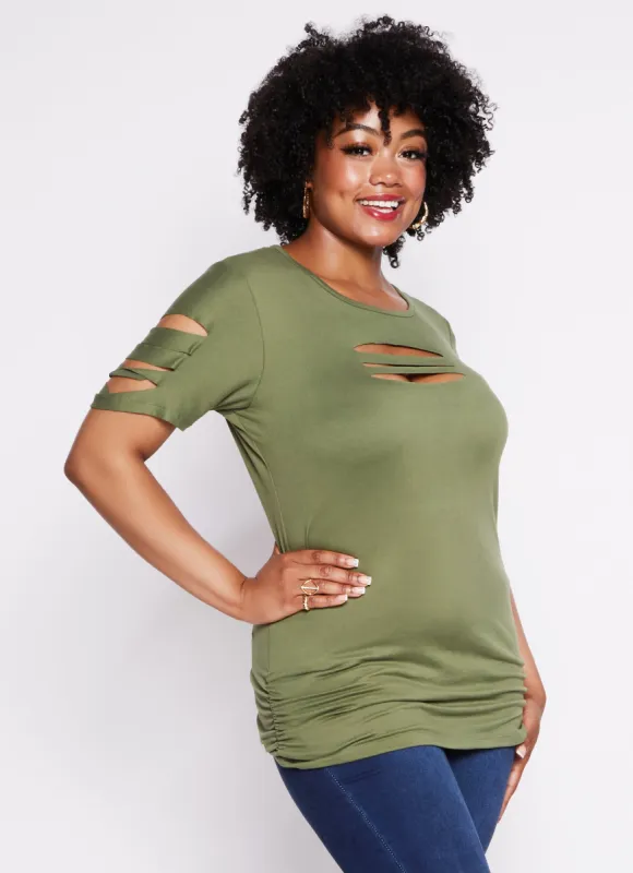 Plus Size Laser Cut Ruched T Shirt sold by Rainbow
