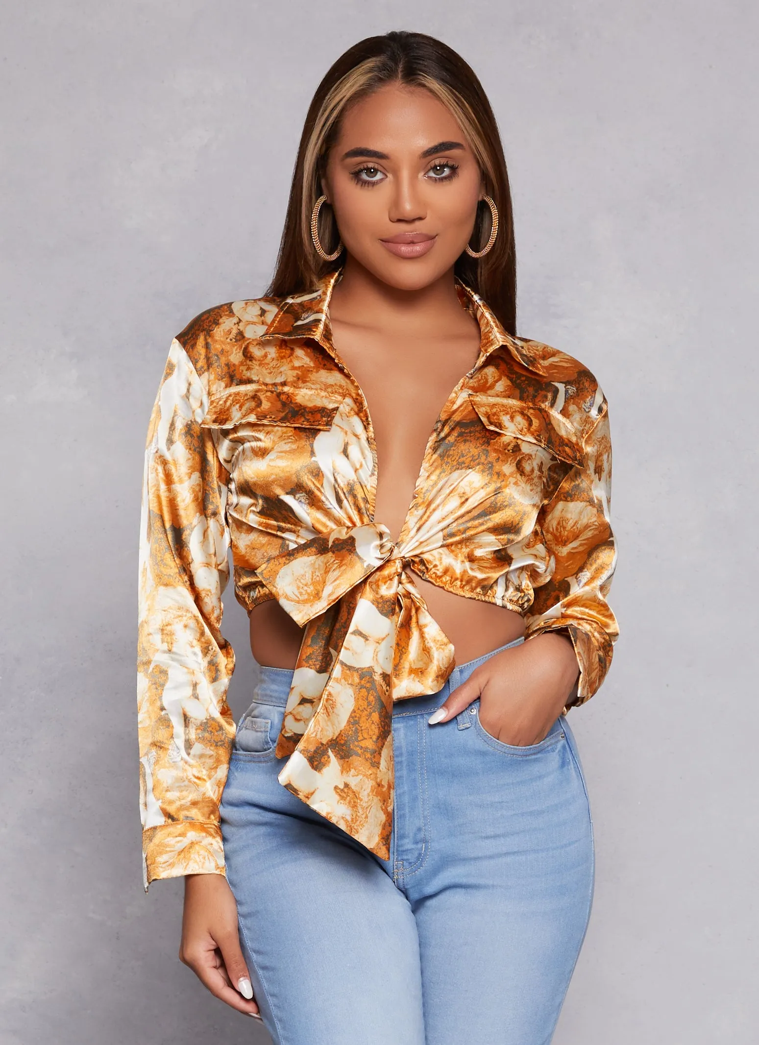 Satin Printed Long Sleeve Tie Front Blouse sold by Rainbow