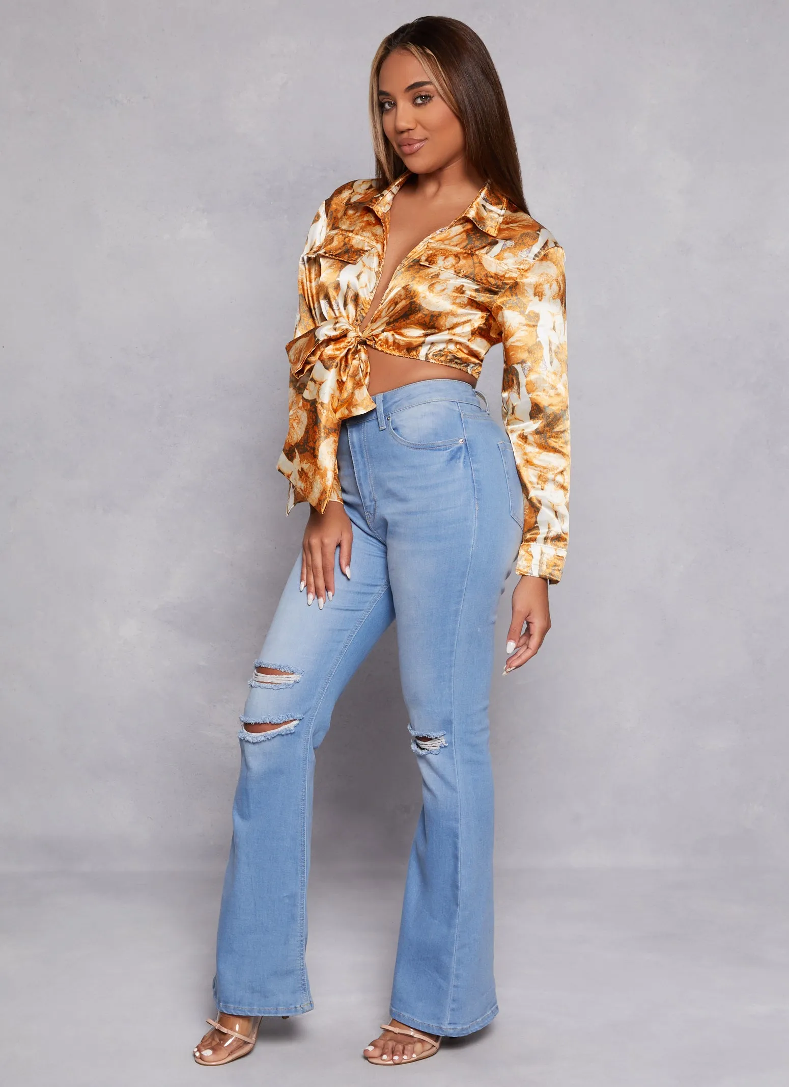 Satin Printed Long Sleeve Tie Front Blouse sold by Rainbow product image thumbnail 2