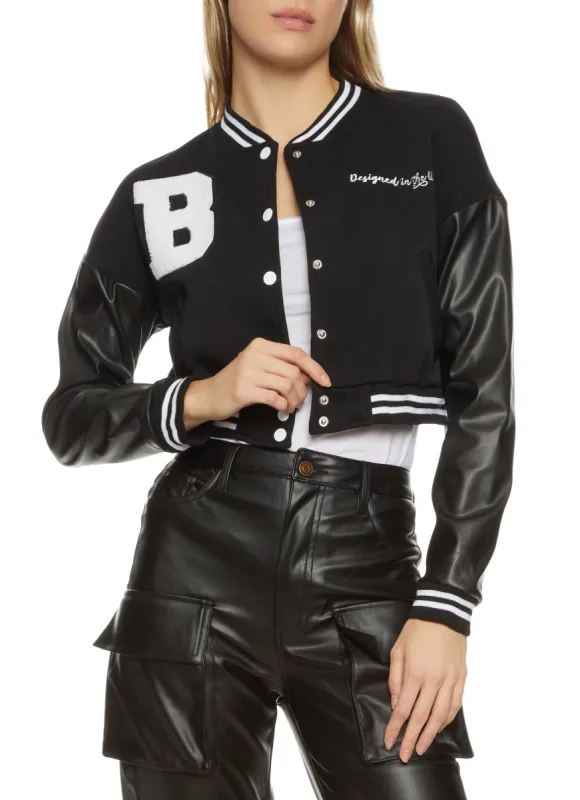 Faux Leather Sleeve Patch Varsity Jacket sold by Rainbow