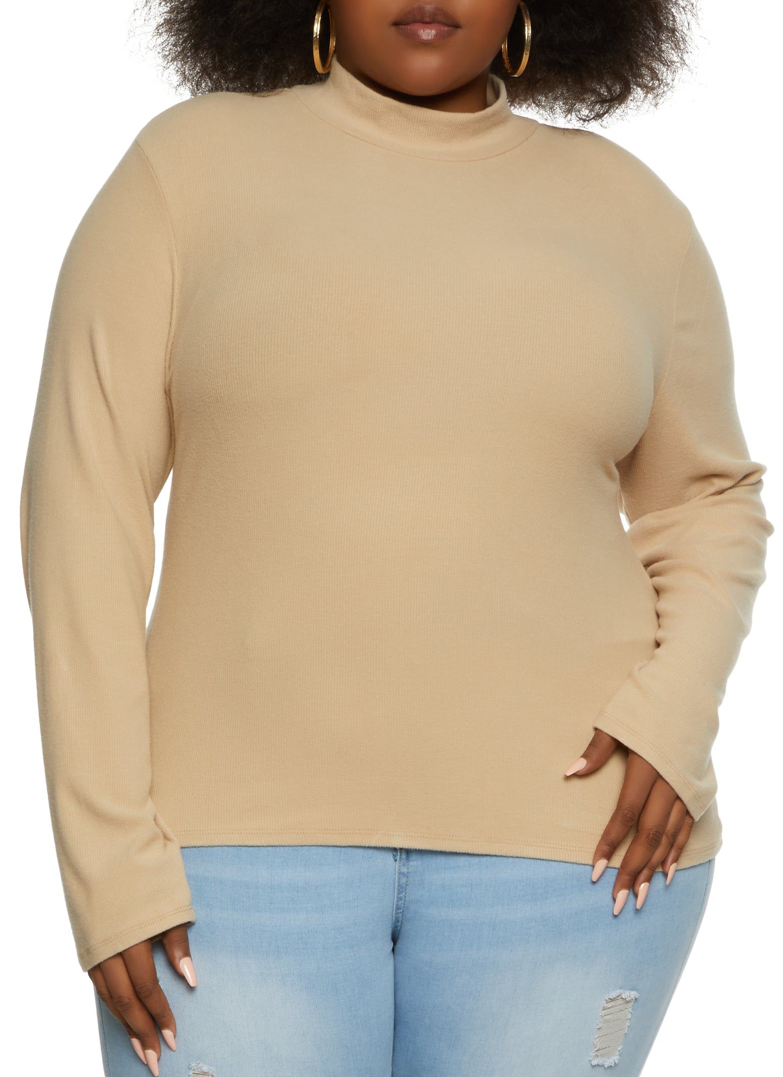 Plus Size Ribbed Knit Mock Neck Long Sleeve Top sold by Rainbow