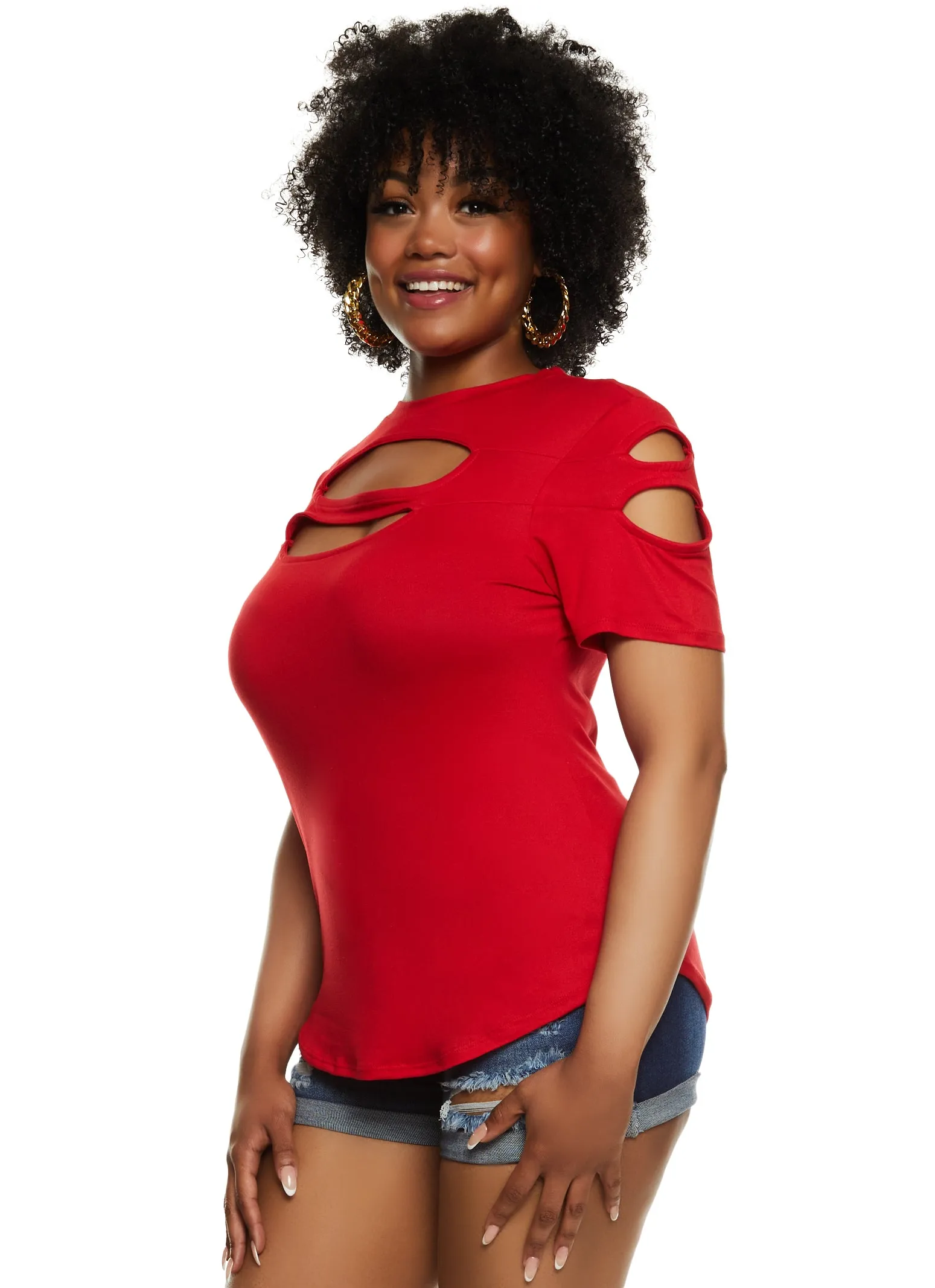 Plus Size Cut Out Crew Neck T Shirt sold by Rainbow