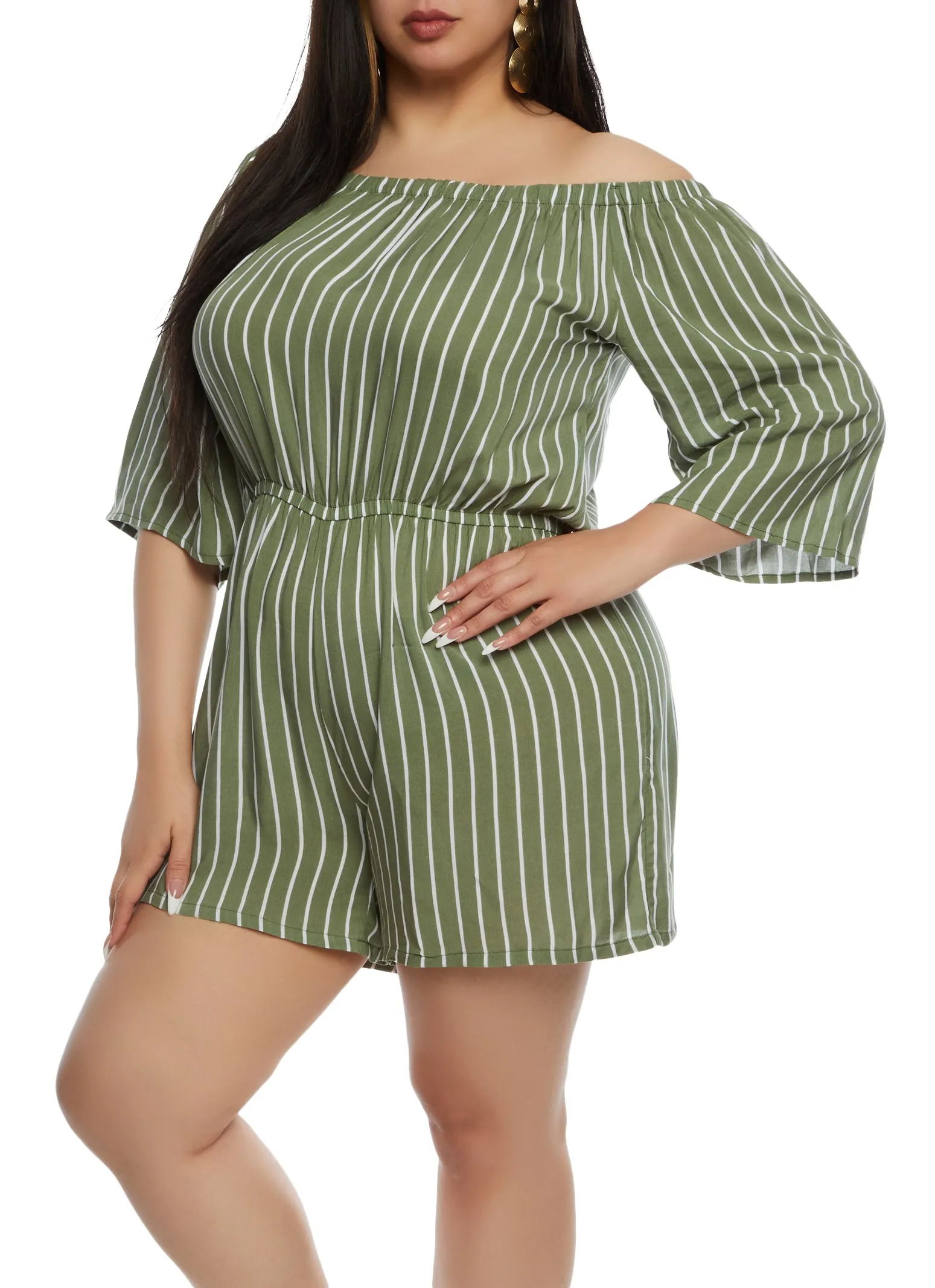 Plus Size Striped Off the Shoulder Romper sold by Rainbow
