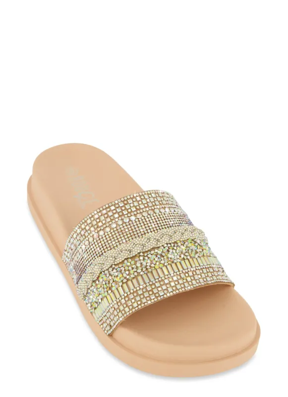 Studded Rhinestone Band Slide Sandals sold by Rainbow