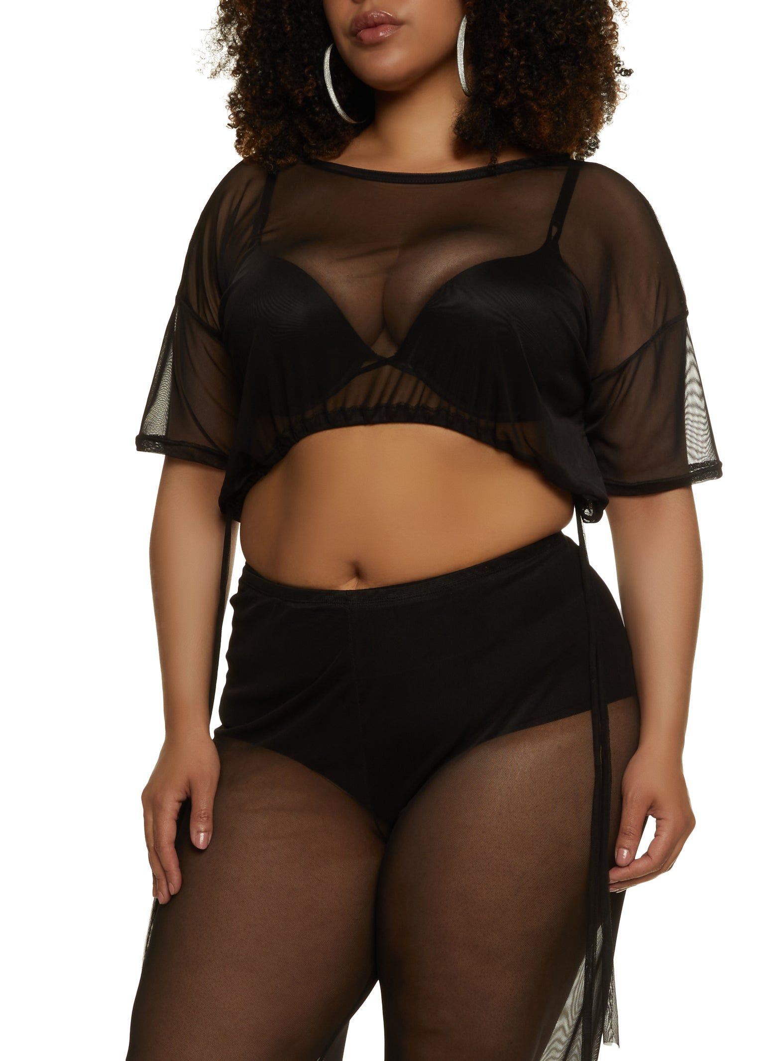 Plus Size Mesh Drawstring Hem Crop Top sold by Rainbow