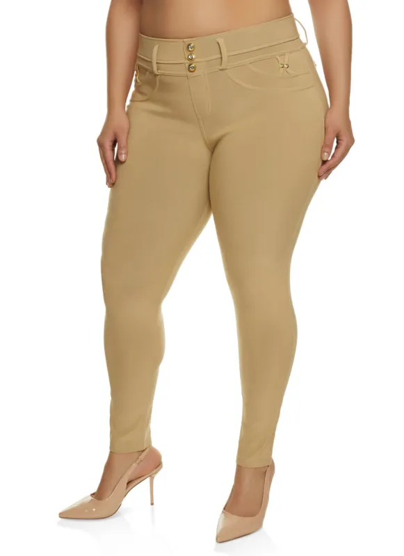 Plus Size Three Rhinestone Faux Button Pants sold by Rainbow