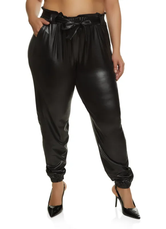 Plus Size Faux Leather Belted Paper Bag Waist Pants sold by Rainbow