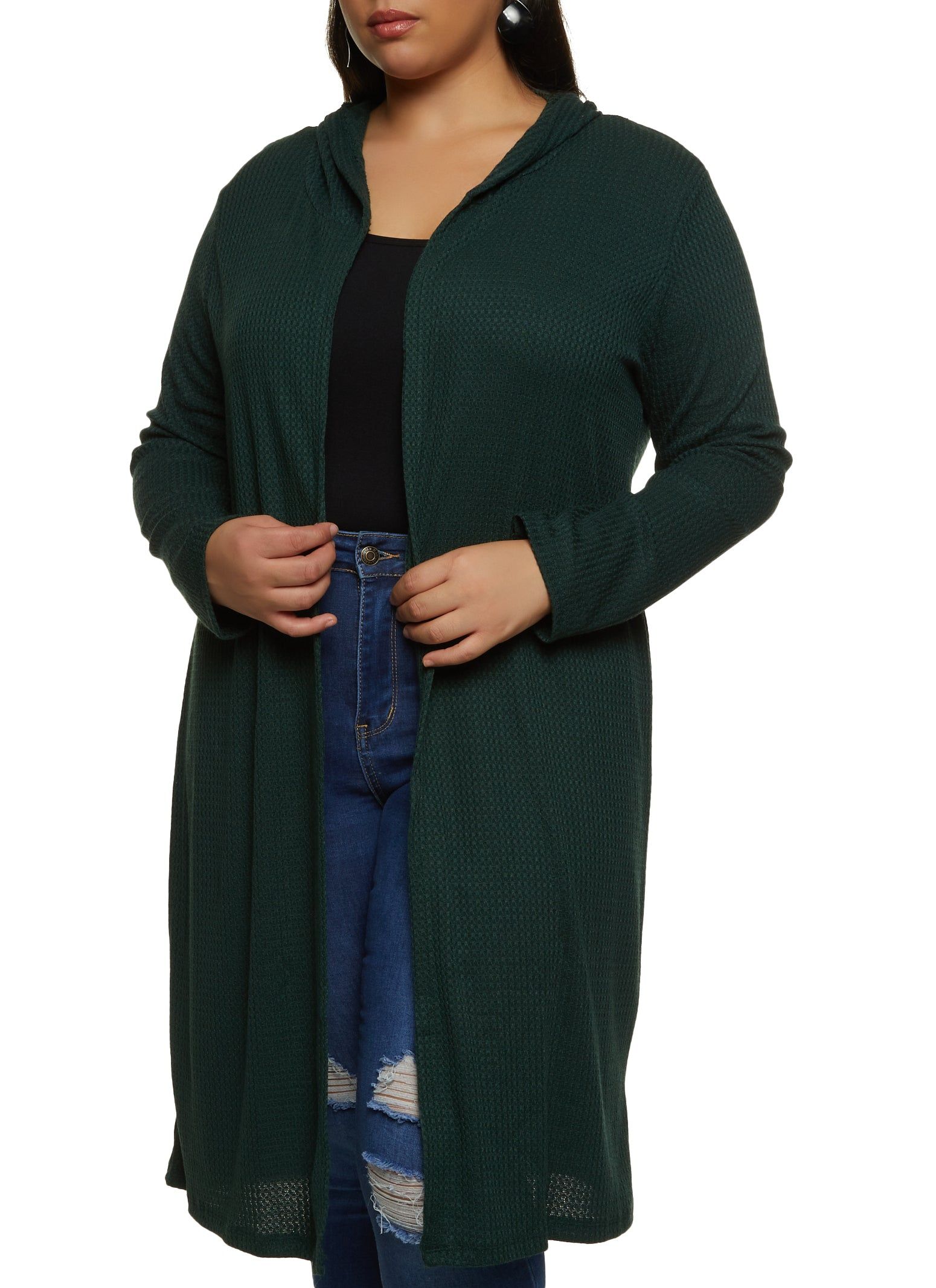 Plus Size Waffle Knit Hooded Long Cardigan sold by Rainbow
