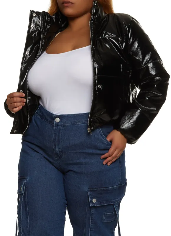 Plus Size Faux Patent Leather Cropped Puffer Jacket sold by Rainbow