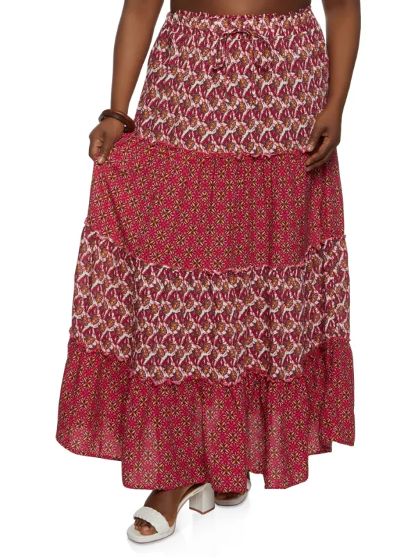 Plus Size Daisy Border Print Tiered Maxi Skirt sold by Rainbow