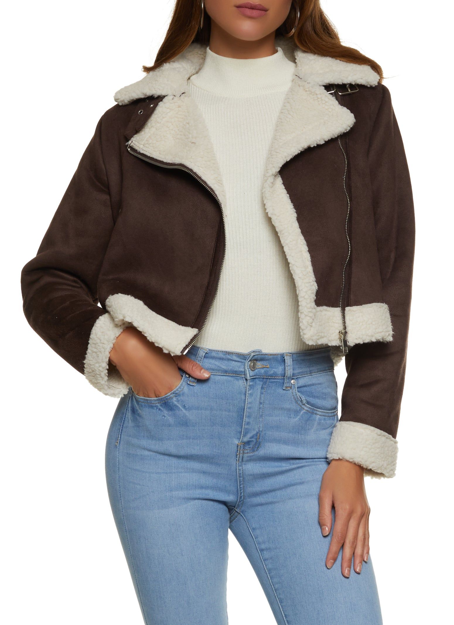 Faux Suede Sherpa Lined Moto Jacket sold by Rainbow