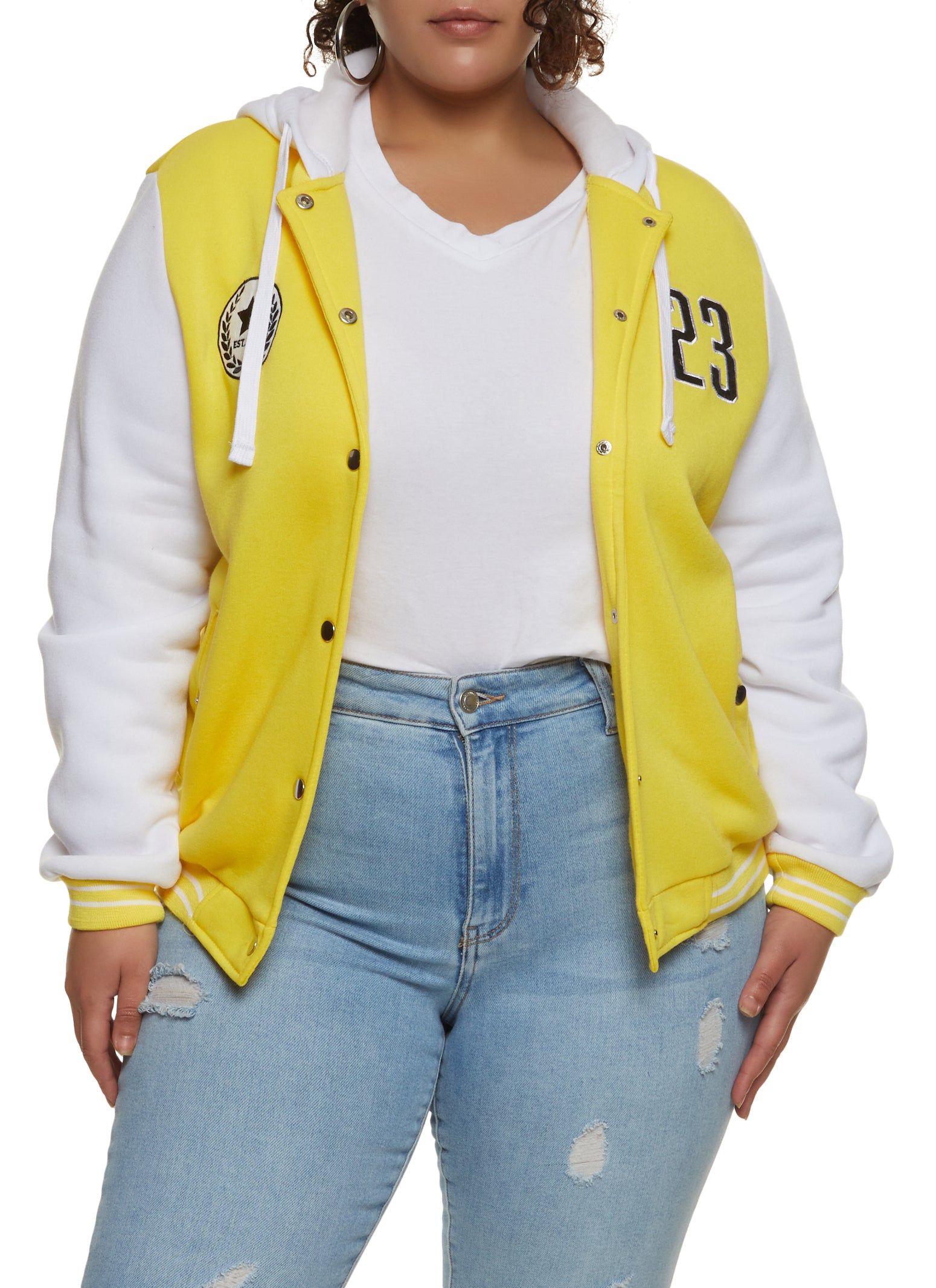 Plus Size 23 Patch Graphic Hooded Baseball Jacket sold by Rainbow