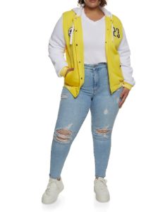 Plus Size 23 Patch Graphic Hooded Baseball Jacket sold by Rainbow