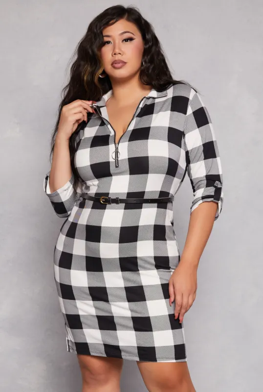Plus Size Plaid Half Zip Belted Midi Dress sold by Rainbow