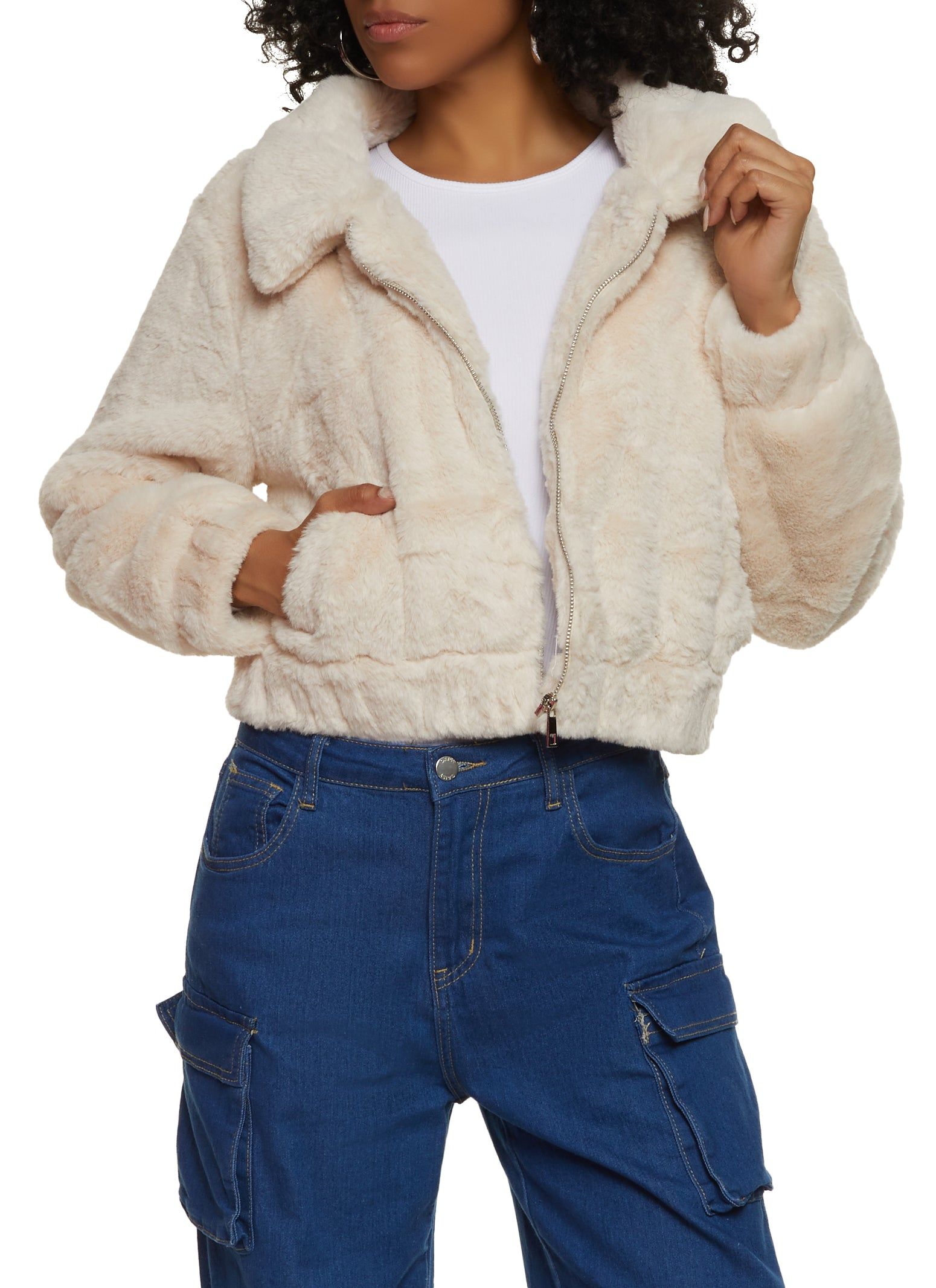 Zip Front Faux Fur Bomber Jacket sold by Rainbow