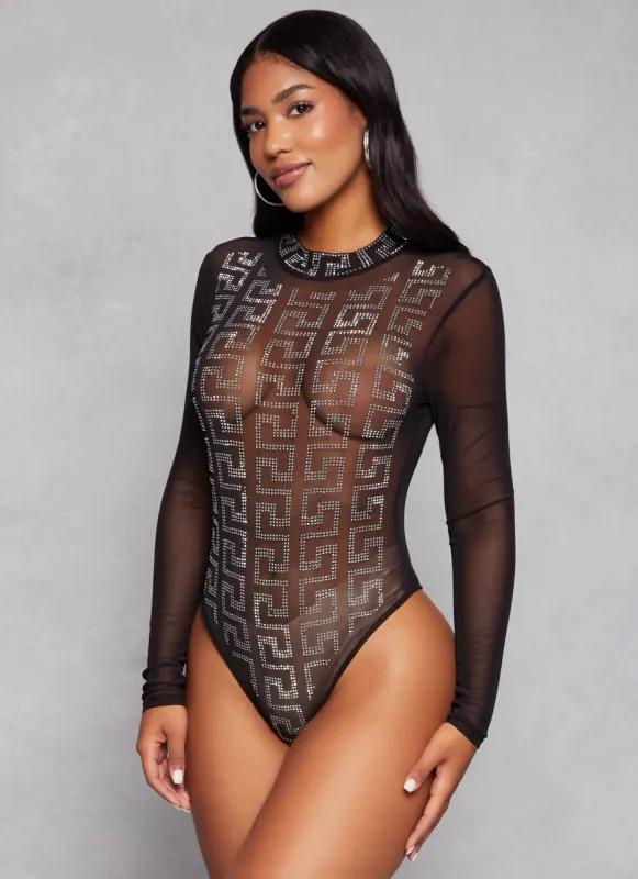 Mesh Greek Key Rhinestone Long Sleeve Bodysuit sold by Rainbow