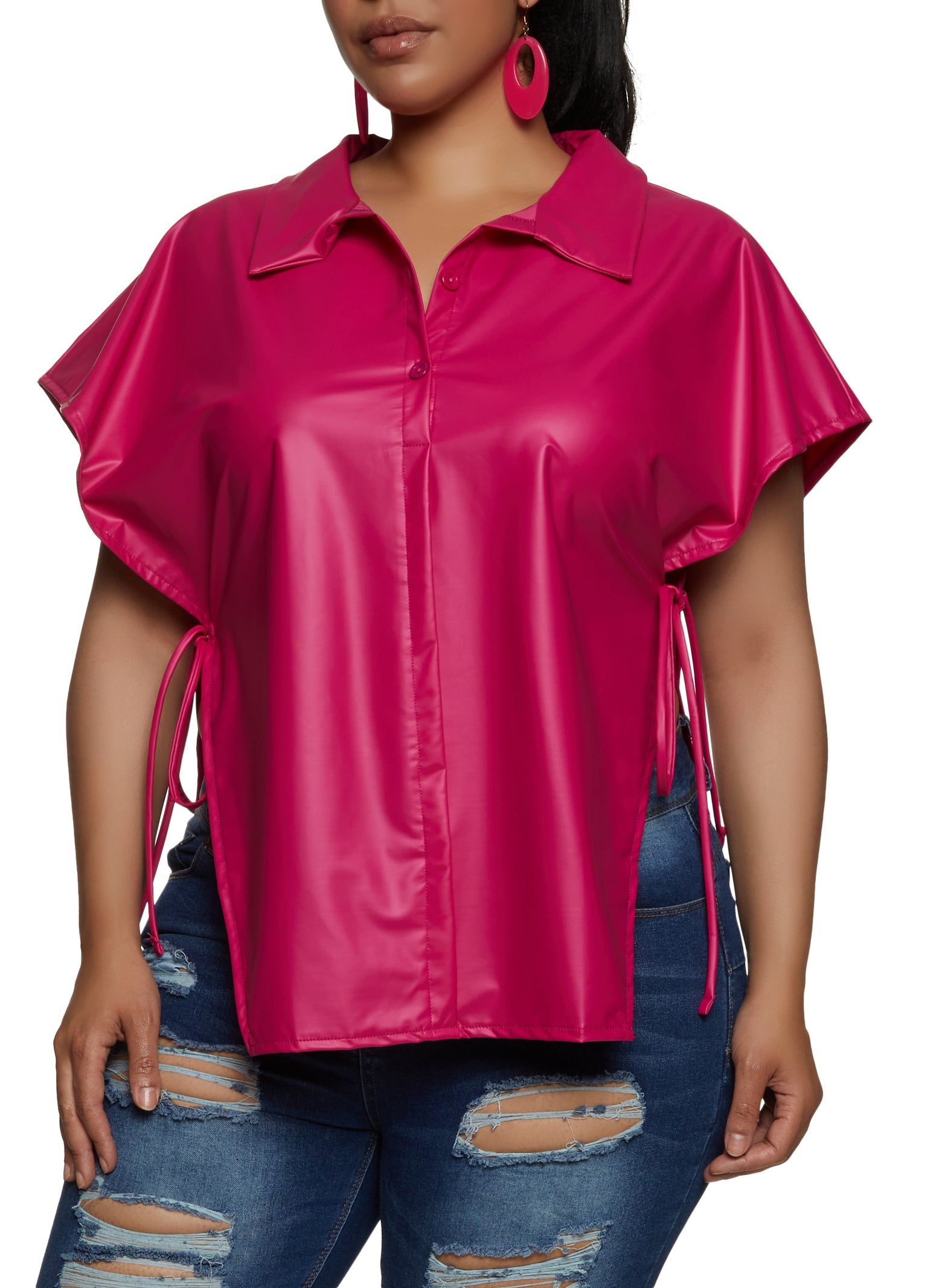 Plus Size Faux Leather Open Side Tie Shirt sold by Rainbow