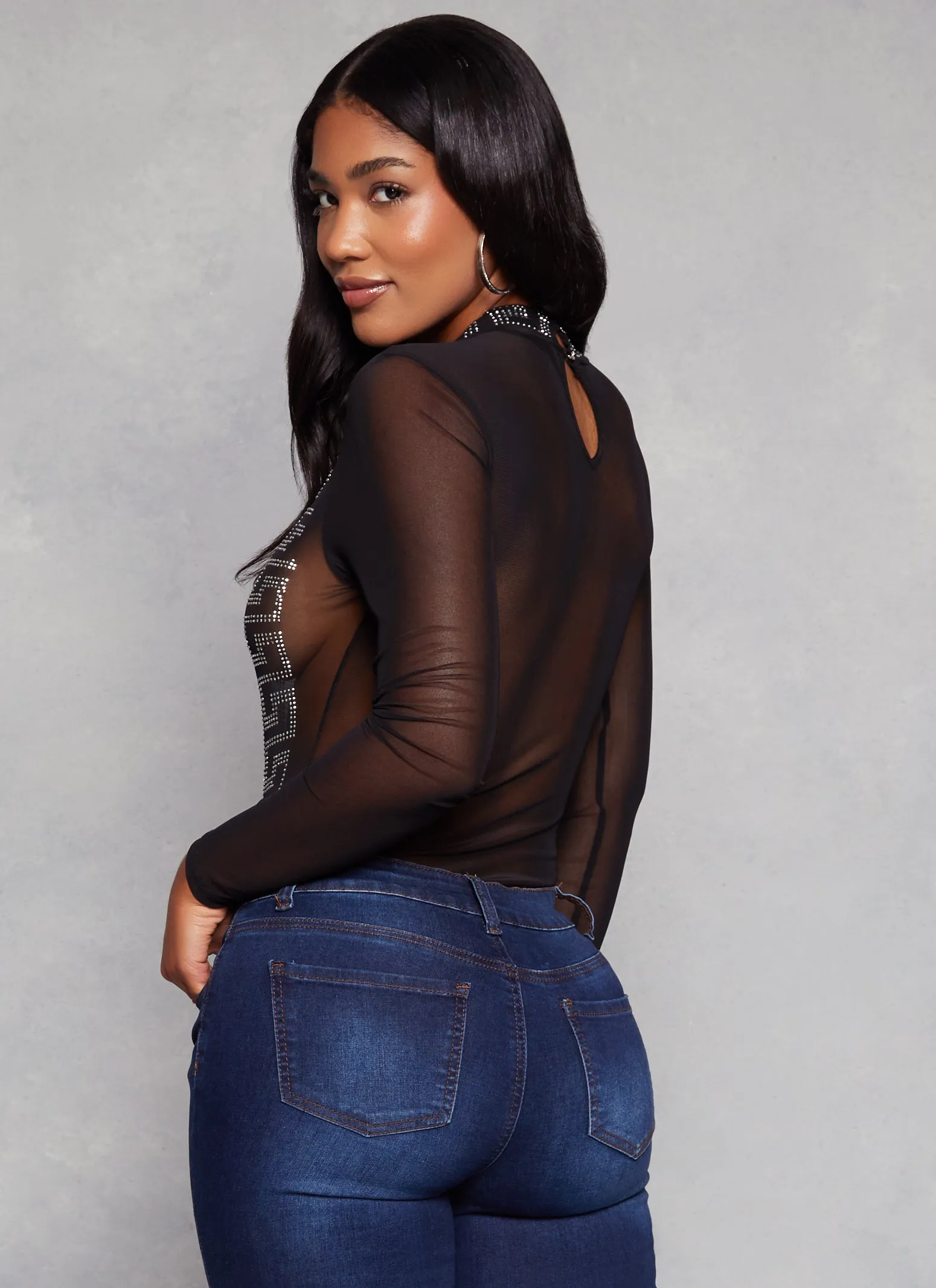 Mesh Greek Key Rhinestone Long Sleeve Bodysuit sold by Rainbow product image thumbnail 3