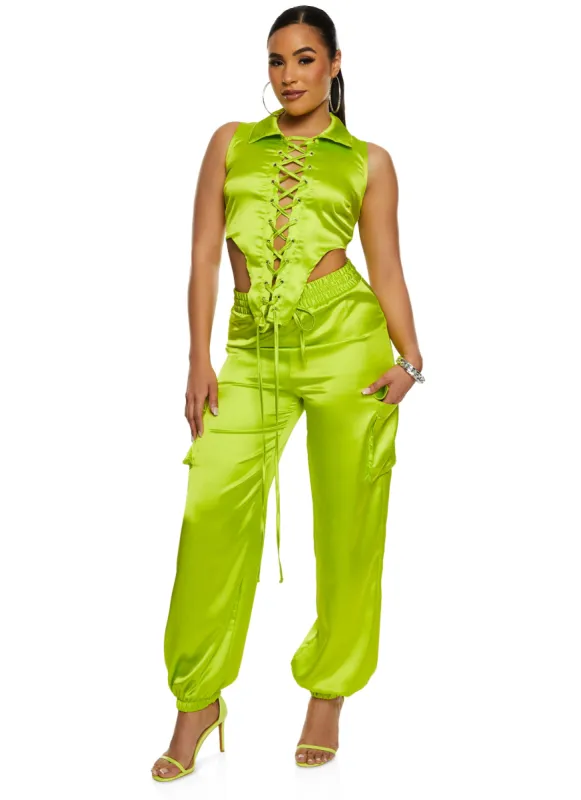 Satin High Waist Cargo Pocket Tapered Pants sold by Rainbow