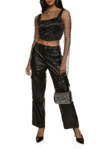 Fishnet Rhinestone Studded Long Sleeve Crop Top sold by Rainbow