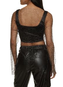 Fishnet Rhinestone Studded Long Sleeve Crop Top sold by Rainbow