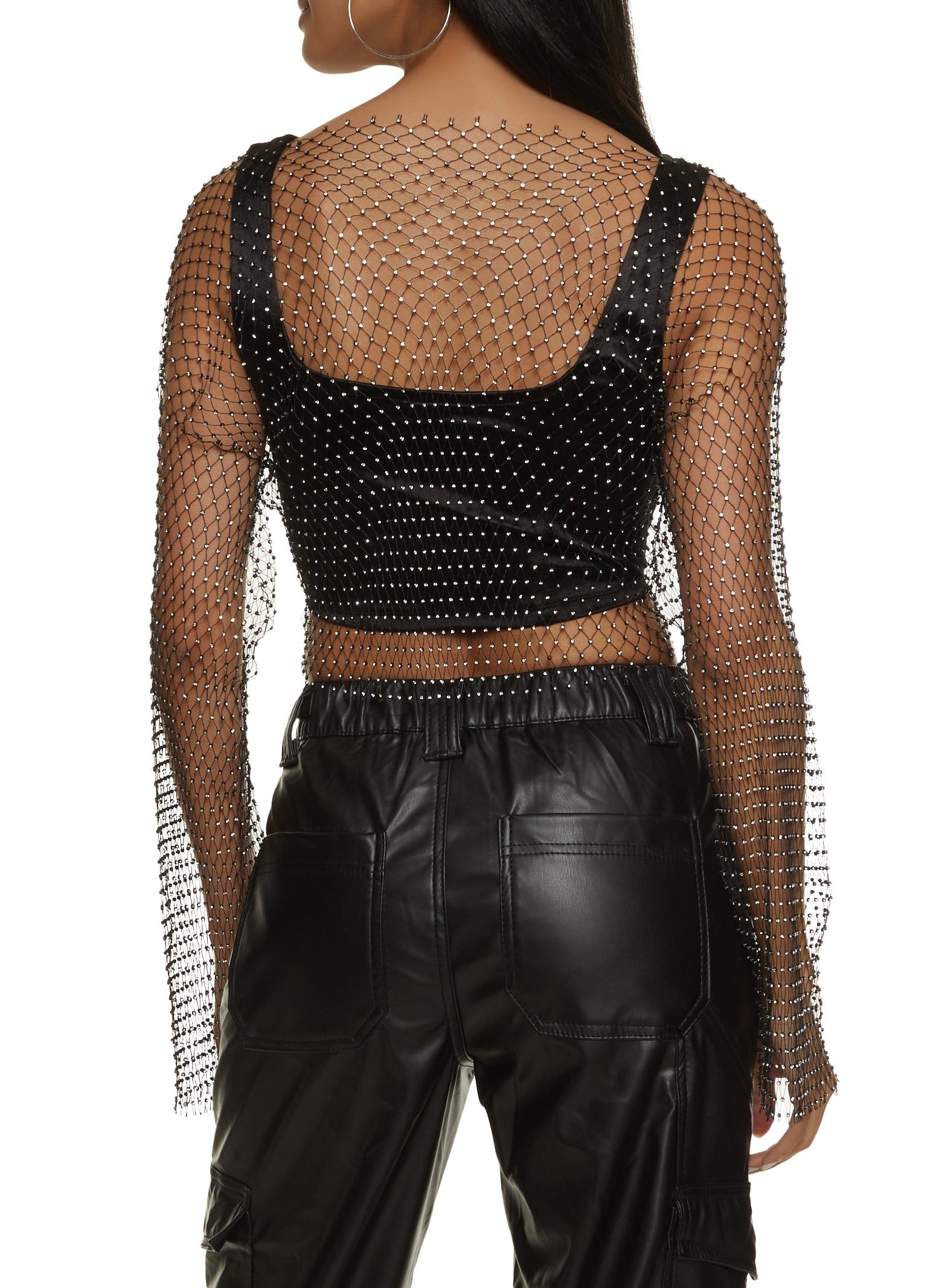 Fishnet Rhinestone Studded Long Sleeve Crop Top sold by Rainbow product image thumbnail 3