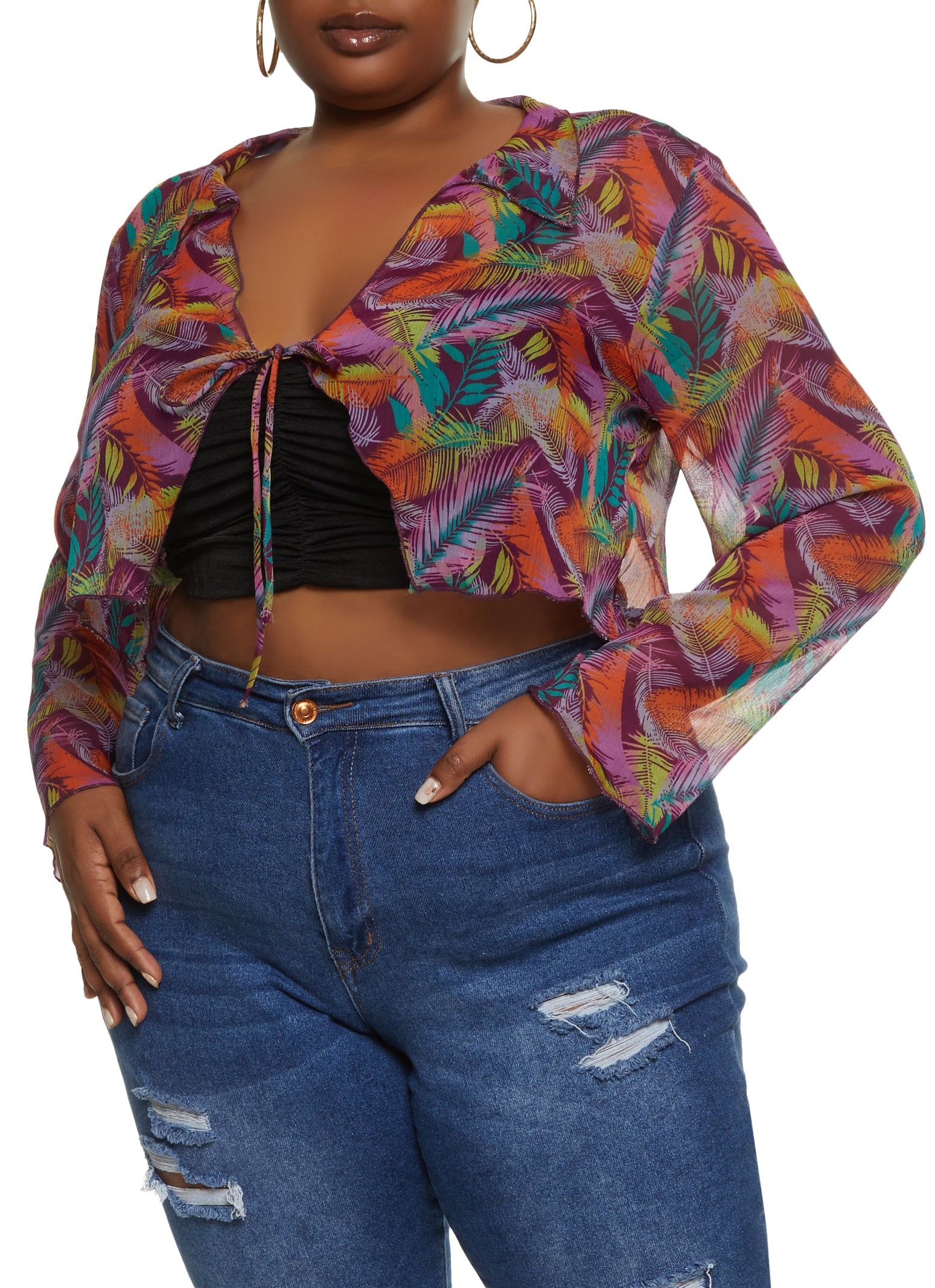 Plus Size Printed Sheer Tie Front Top sold by Rainbow
