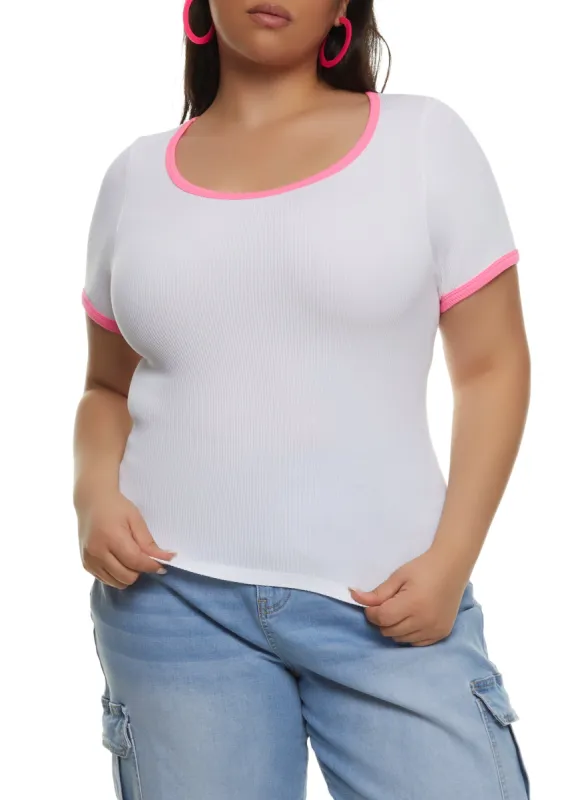 Plus Size Rib Knit Seamless Ringer Tee sold by Rainbow