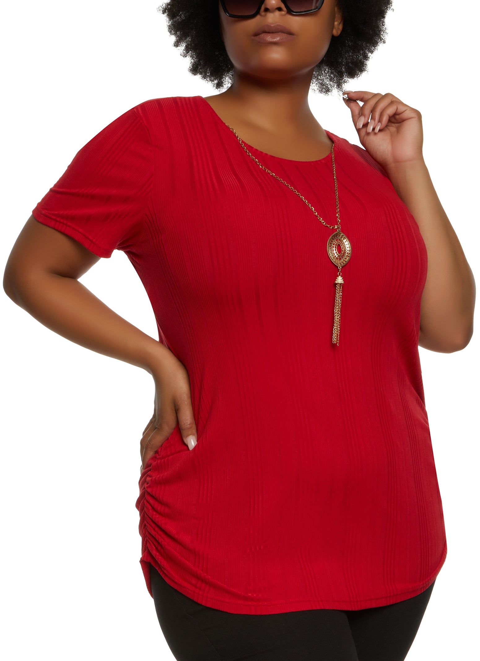 Plus Size Rib Knit Ruched Side Top with Necklace sold by Rainbow