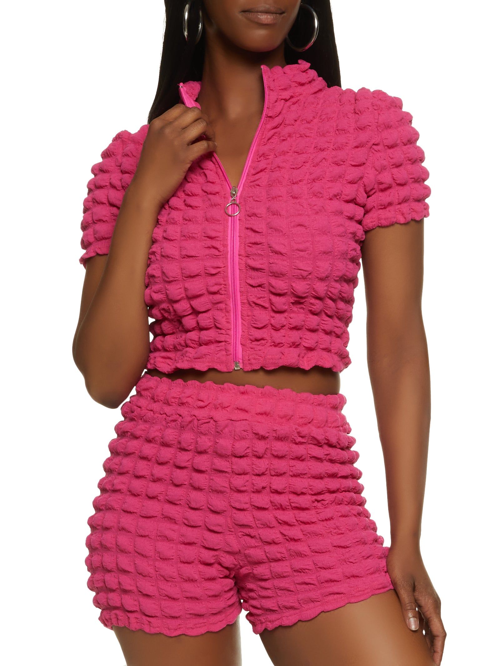 Bubble Knit Zip Up Crop Top and Shorts sold by Rainbow