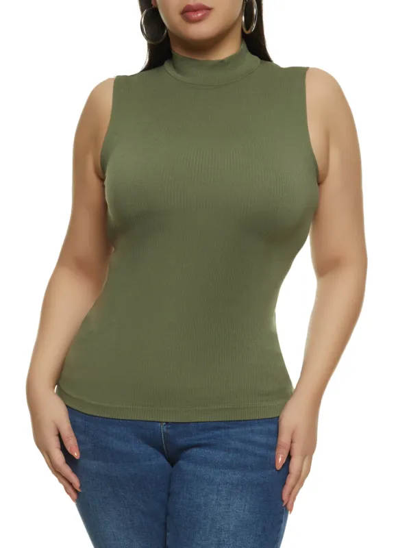 Plus Size Rib Knit Seamless Mock Neck Tank Top sold by Rainbow