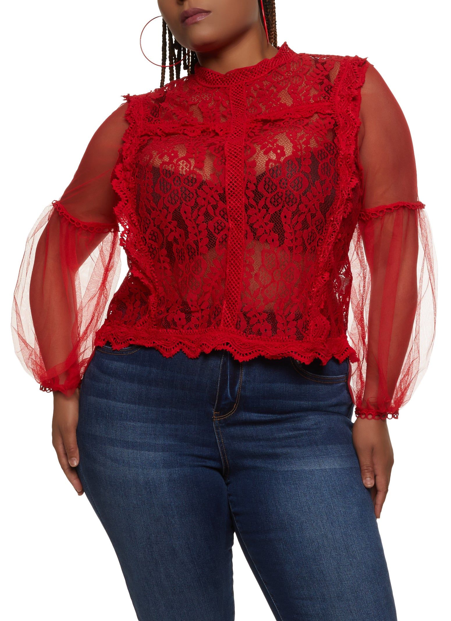 Plus Size Balloon Sleeve Lace Blouse sold by Rainbow