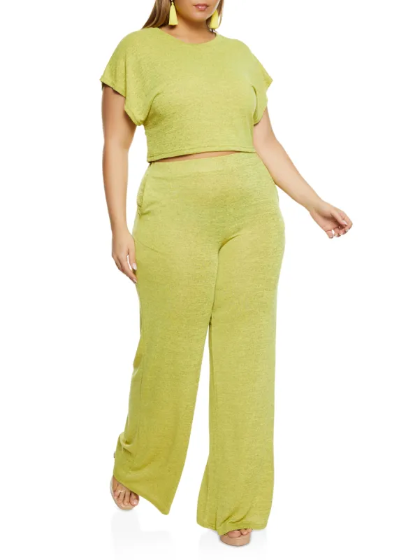 Plus Size Daisy Brushed Knit High Waist Wide Leg Pants sold by Rainbow