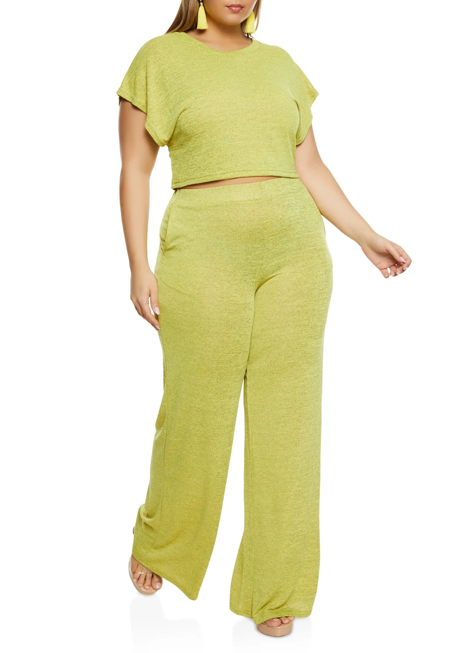 Plus Size Daisy Brushed Knit High Waist Wide Leg Pants sold by Rainbow