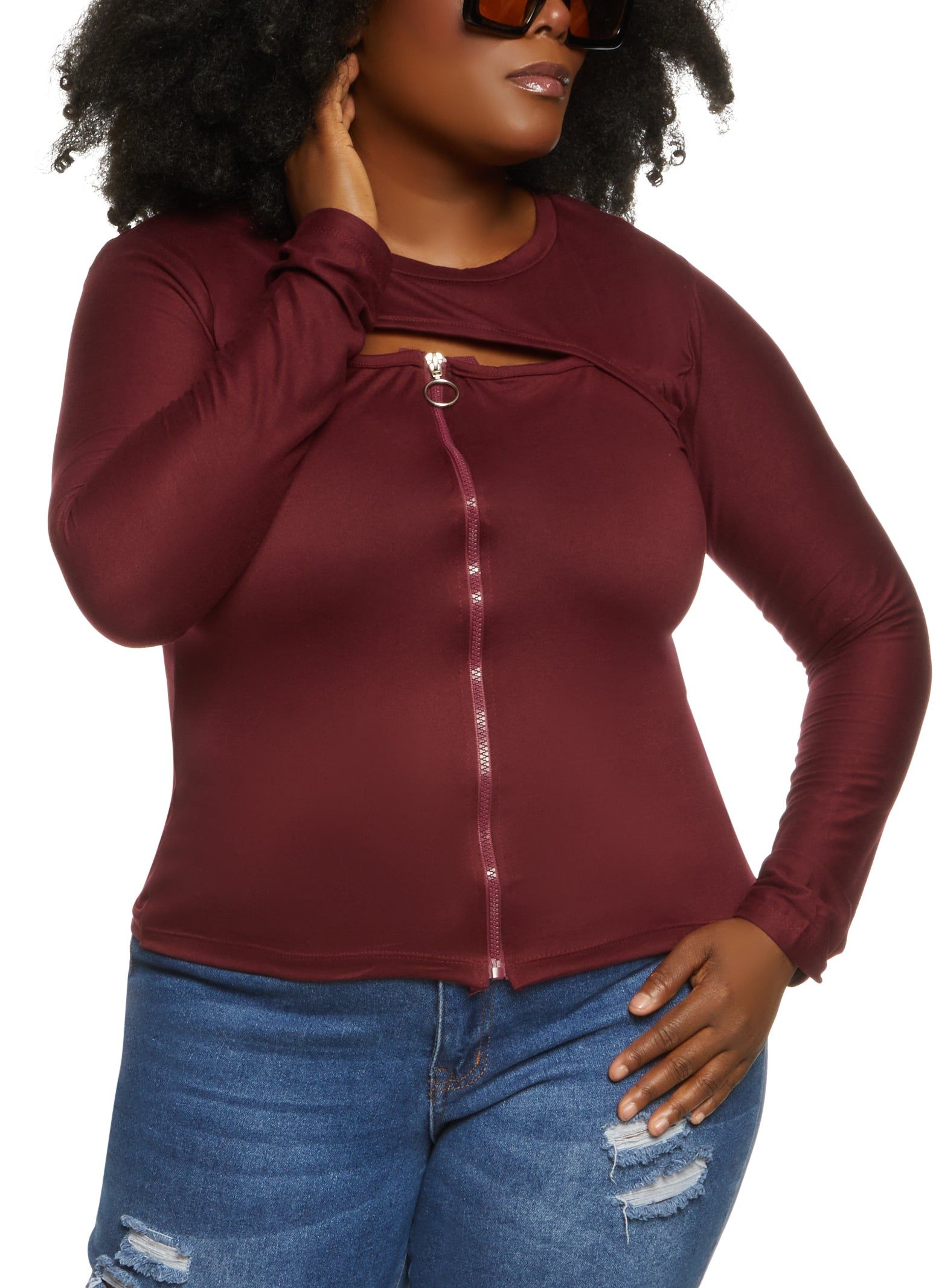 Plus Size Long Sleeve Keyhole Zip Front Top sold by Rainbow